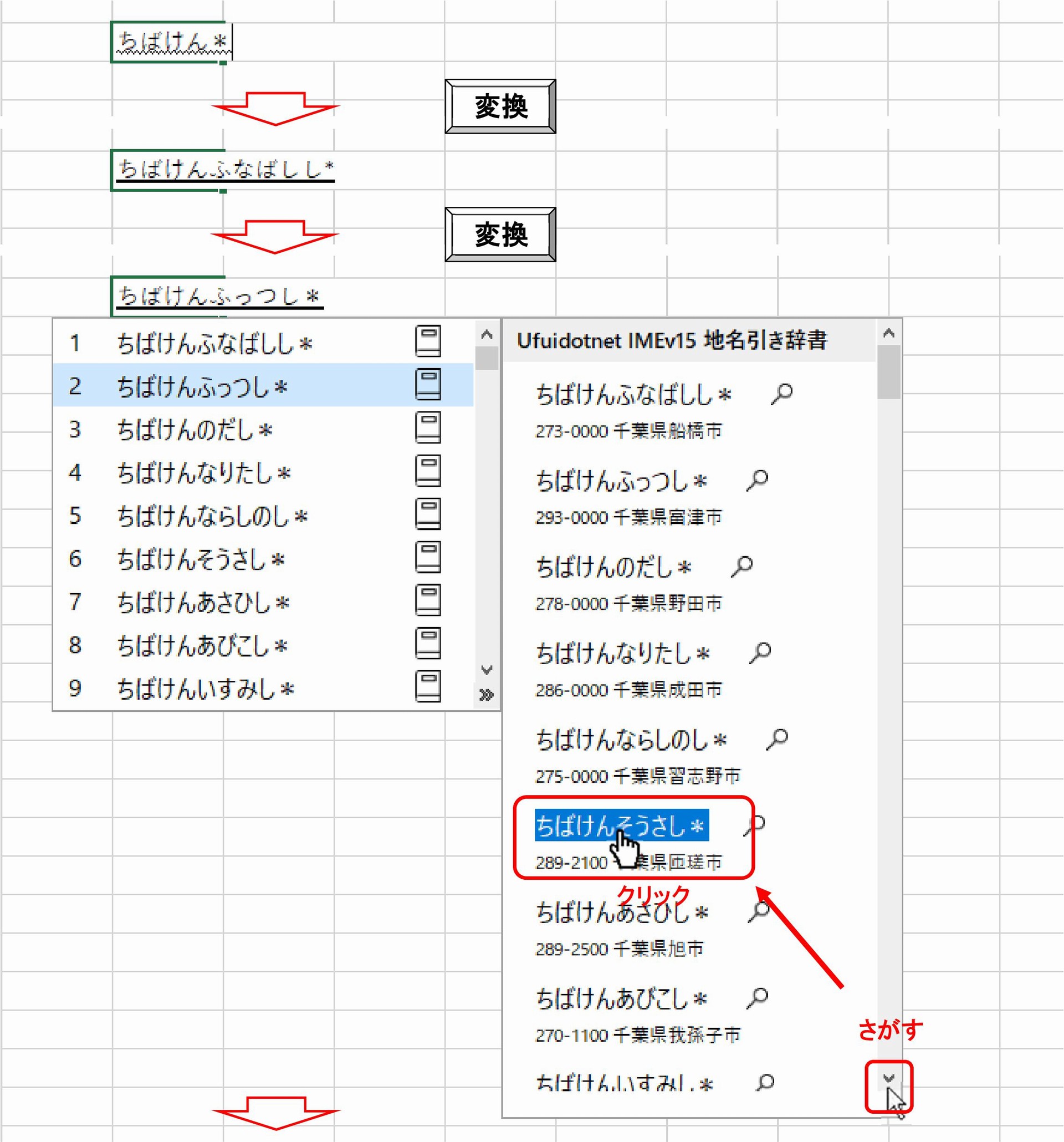 市区町村名が読めない、よみ方がはっきりしない場合：ちばけん＊ [変換][変換]　のように都道府県名で変換します。