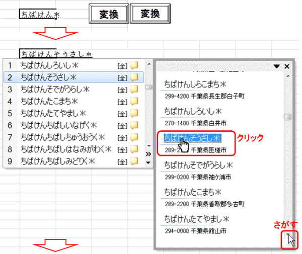 市区町村名が読めない、よみ方がはっきりしない場合：ちばけん＊ [変換][変換]　のように都道府県名で変換します。
