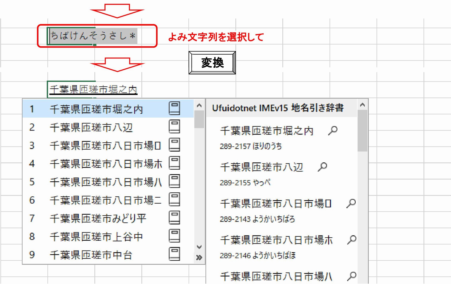 変換結果のよみ文字列を選択して [変換]　すると、フルサイズの住所に変換できます。