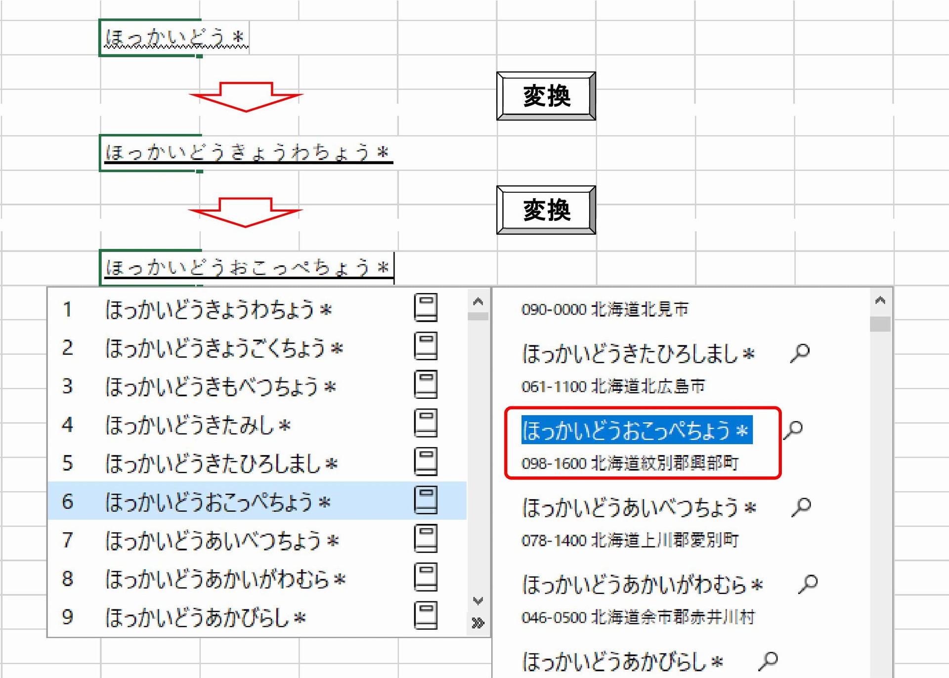 市区町村名の読み方を調べる：変換リストとともに表示されるコメントリストには、変換結果の“都道府県よみ市区町村よみ＊”とともに郵便番号・漢字表記の市区町村名が表示されます。