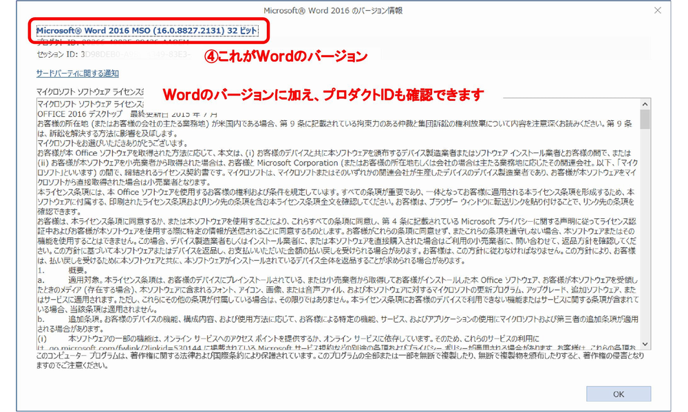 Word2016-3/ダイアログボックスが開いたら、一番上にバージョン情報が載っています