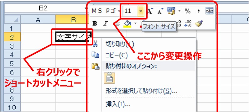 (1) セル全体の文字の大きさの変更…ショートカットメニューから