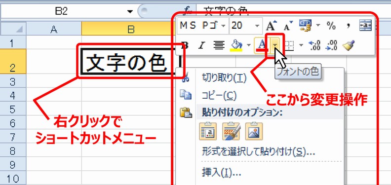 (1) セル全体の文字色の変更…ショートカットメニューから