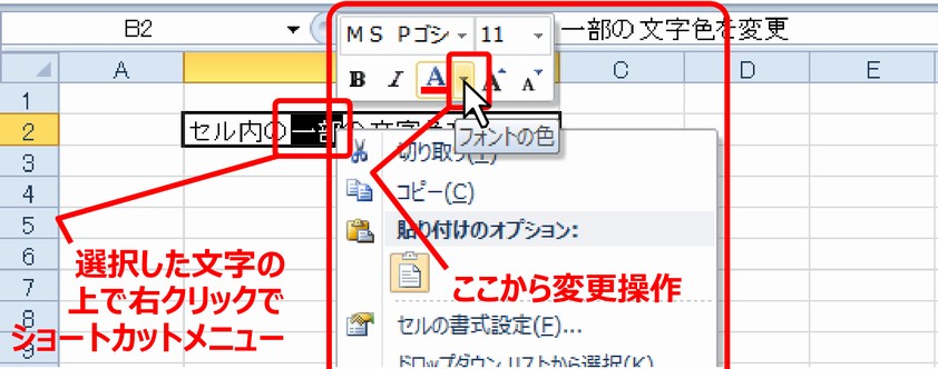 (4) セル内の一部の文字色の変更…ショートカットメニューから